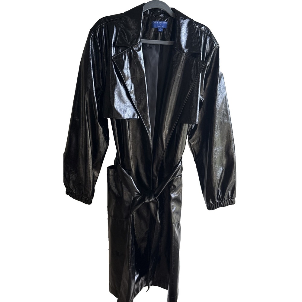 Cara Santana L/XL APT 9, Collar Wet Trench Coat Long Black Pleather Shiny